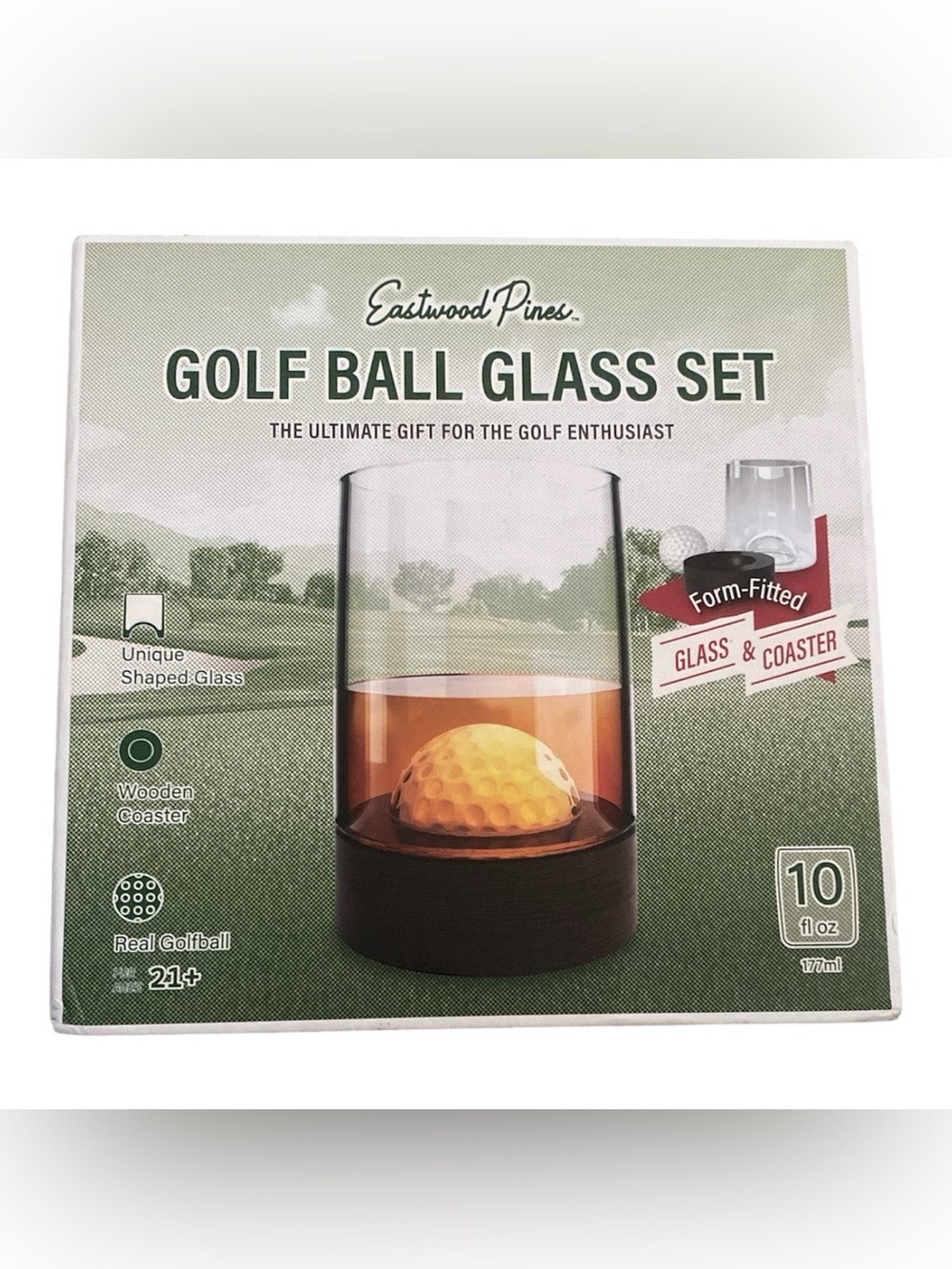 NWT Eastwood Pines Golf Ball Glass Set - Amber Glass with Dark Wood Coaster